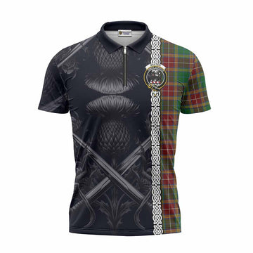 Baxter Tartan Zipper Polo Shirt with Family Crest Cross Sword Thistle Celtic Vibes