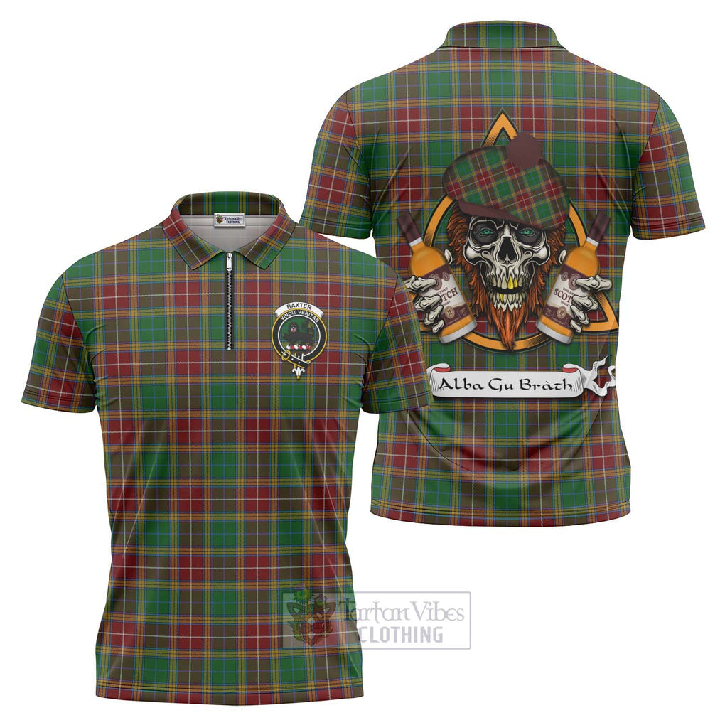 Tartan Vibes Clothing Baxter Tartan Zipper Polo Shirt with Family Crest and Bearded Skull Holding Bottles of Whiskey