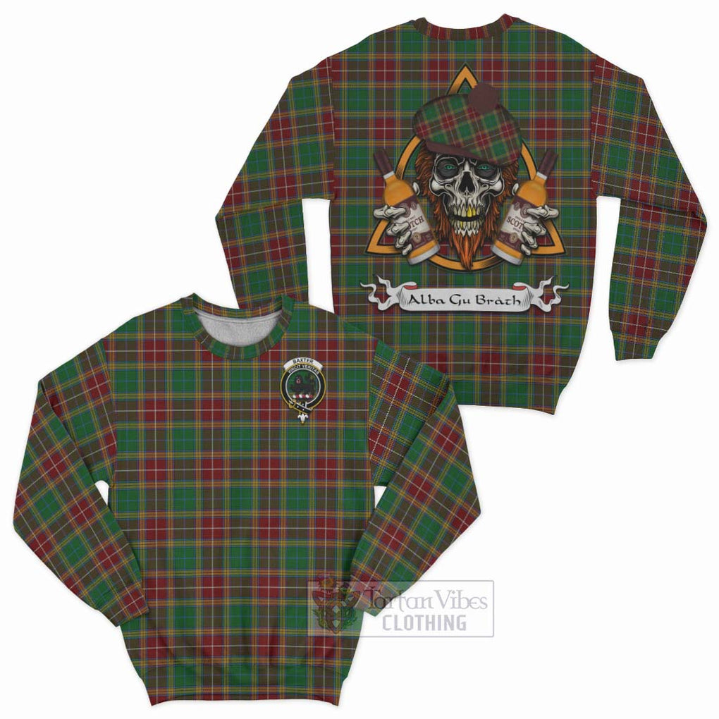 Tartan Vibes Clothing Baxter Tartan Sweatshirt with Family Crest and Bearded Skull Holding Bottles of Whiskey