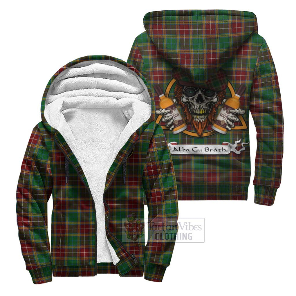 Tartan Vibes Clothing Baxter Tartan Sherpa Hoodie with Family Crest and Bearded Skull Holding Bottles of Whiskey