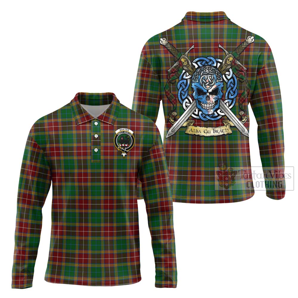 Tartan Vibes Clothing Baxter Tartan Long Sleeve Polo Shirt with Family Crest Celtic Skull Style