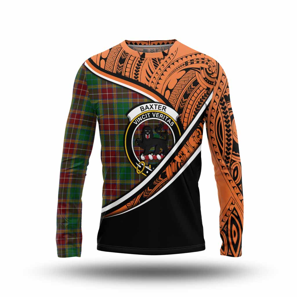 Tartan Vibes Clothing Baxter Crest Tartan Long Sleeve T-Shirt with Maori Tattoo Style - Orange Version