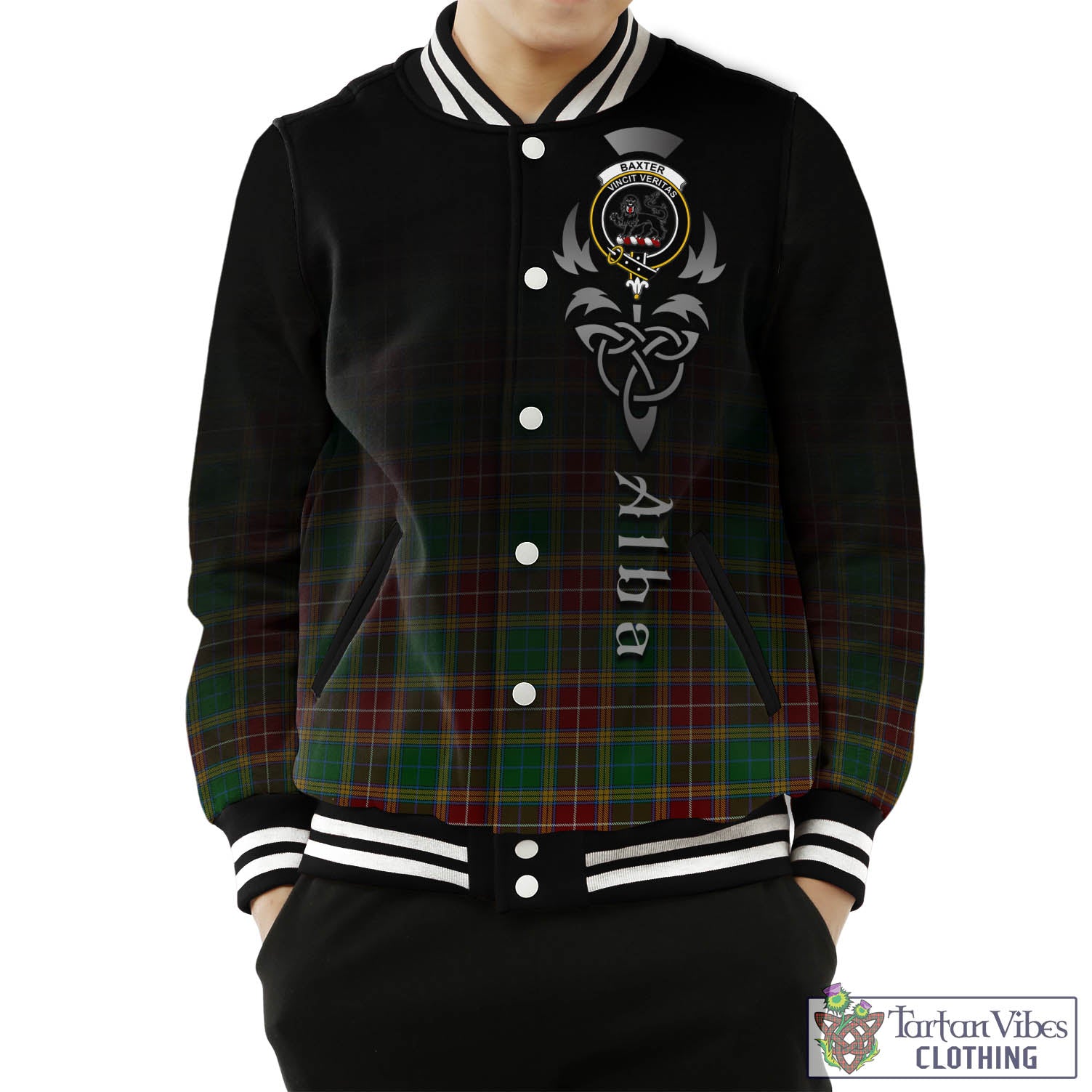 Tartan Vibes Clothing Baxter Tartan Baseball Jacket Featuring Alba Gu Brath Family Crest Celtic Inspired