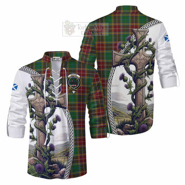 Baxter Tartan Ghillie Kilt Shirt with Family Crest and St. Andrew's Cross Accented by Thistle Vines