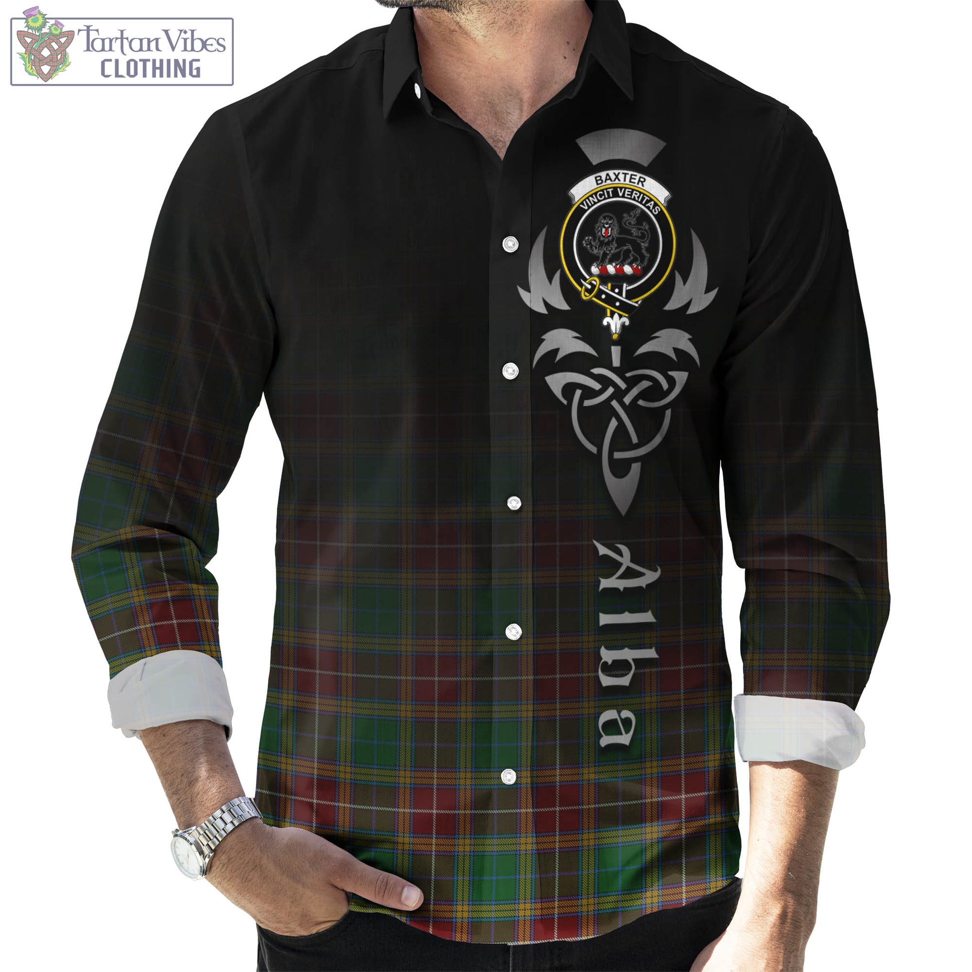 Tartan Vibes Clothing Baxter Tartan Long Sleeve Button Up Featuring Alba Gu Brath Family Crest Celtic Inspired