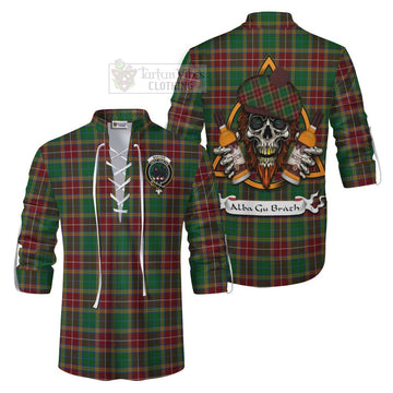 Baxter Tartan Ghillie Kilt Shirt with Family Crest and Bearded Skull Holding Bottles of Whiskey