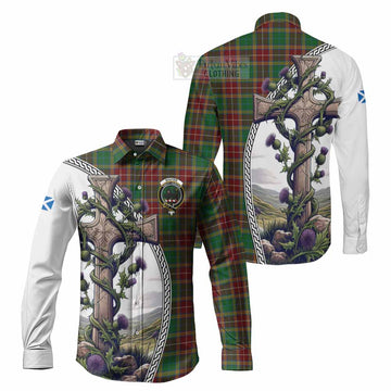 Baxter Tartan Long Sleeve Button Shirt with Family Crest and St. Andrew's Cross Accented by Thistle Vines Men's Shirt S - Tartan Vibes Clothing