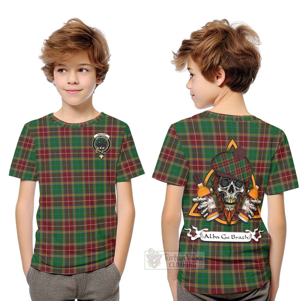 Tartan Vibes Clothing Baxter Tartan Kid T-Shirt with Family Crest and Bearded Skull Holding Bottles of Whiskey