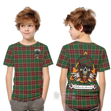 Baxter Tartan Kid T-Shirt with Family Crest and Bearded Skull Holding Bottles of Whiskey