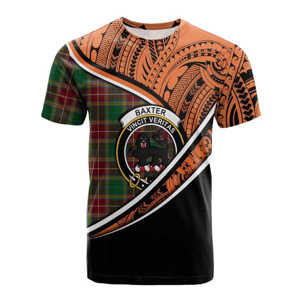 Tartan Vibes Clothing Baxter Crest Tartan Cotton T-shirt with Maori Tattoo Style - Orange Version