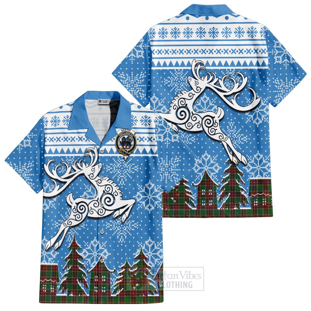 Tartan Vibes Clothing Baxter Clan Christmas Short Sleeve Button Shirt Celtic Reindeer Style