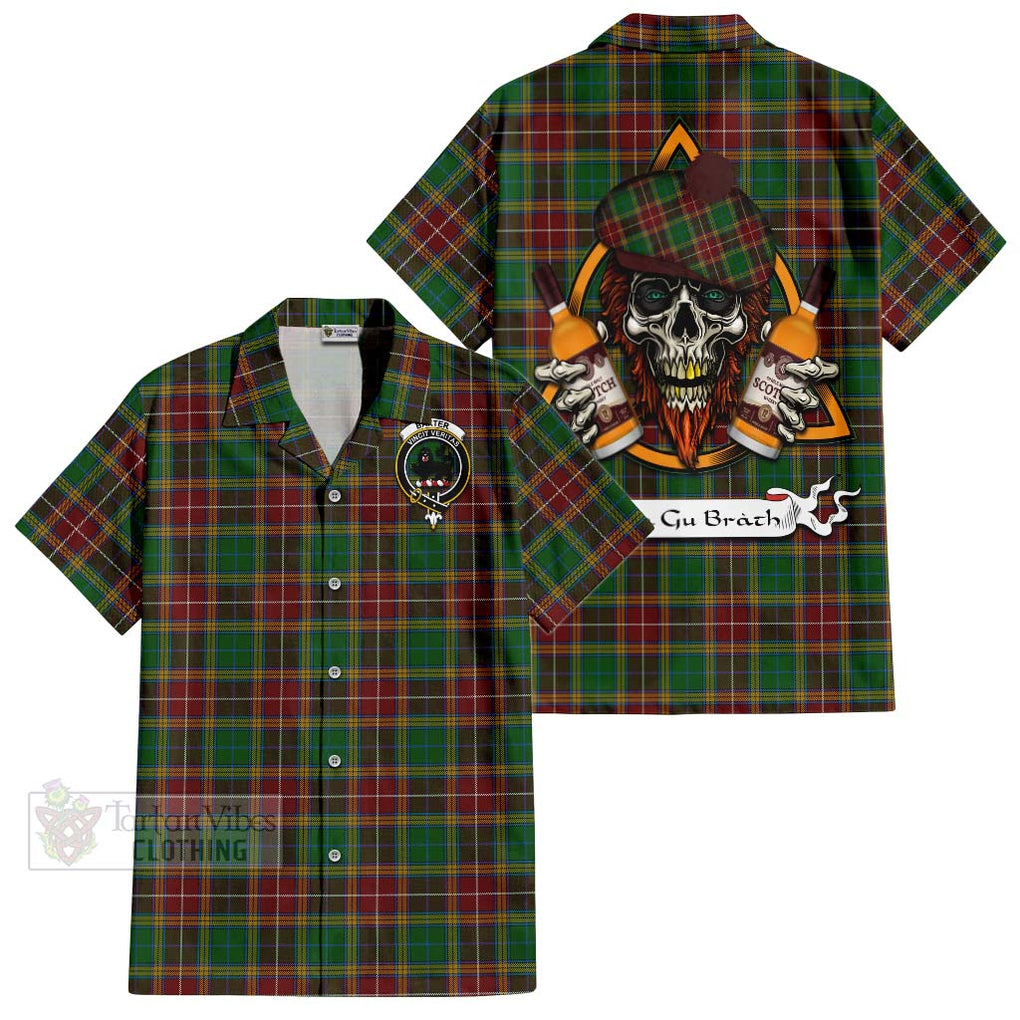 Tartan Vibes Clothing Baxter Tartan Short Sleeve Button Shirt with Family Crest and Bearded Skull Holding Bottles of Whiskey