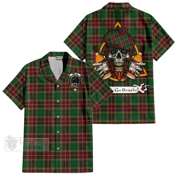 Baxter Tartan Short Sleeve Button Shirt with Family Crest and Bearded Skull Holding Bottles of Whiskey