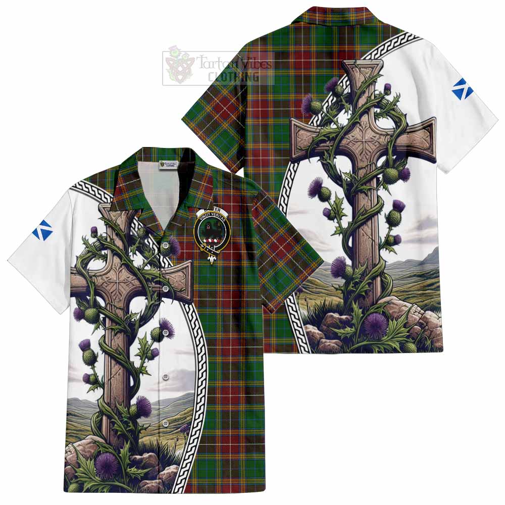 Tartan Vibes Clothing Baxter Tartan Short Sleeve Button Shirt with Family Crest and St. Andrew's Cross Accented by Thistle Vines