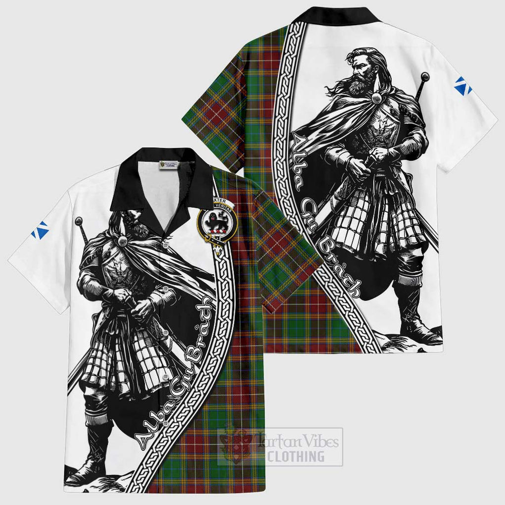 Tartan Vibes Clothing Baxter Tartan Clan Crest Short Sleeve Button Shirt with Highlander Warrior Celtic Style