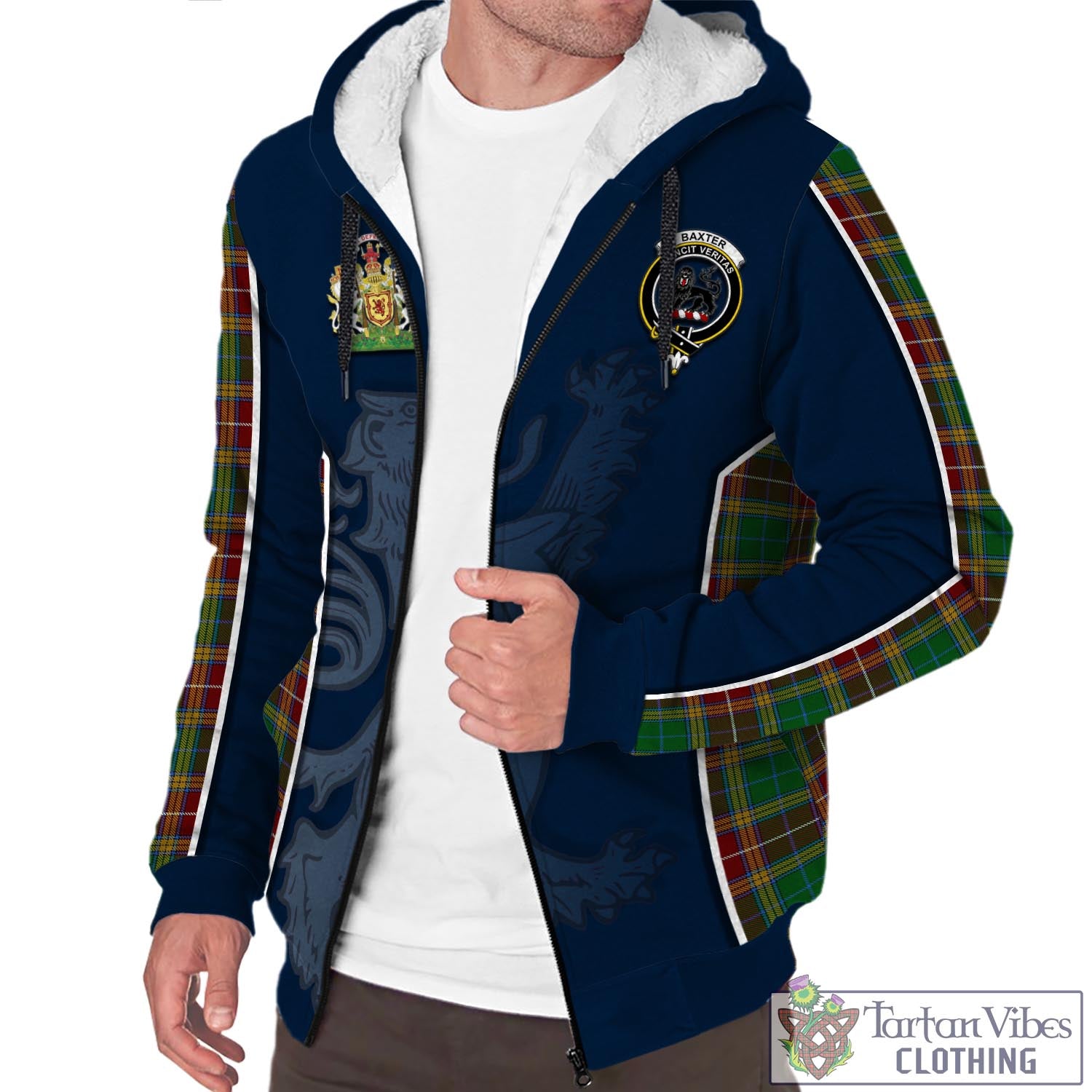 Tartan Vibes Clothing Baxter Tartan Sherpa Hoodie with Family Crest and Lion Rampant Vibes Sport Style