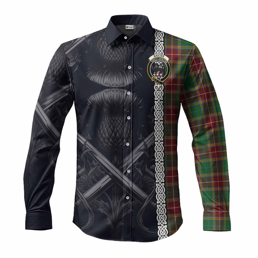 Baxter Tartan Long Sleeve Button Shirt with Family Crest Cross Sword Thistle Celtic Vibes Men's Shirt S - Tartan Vibes Clothing