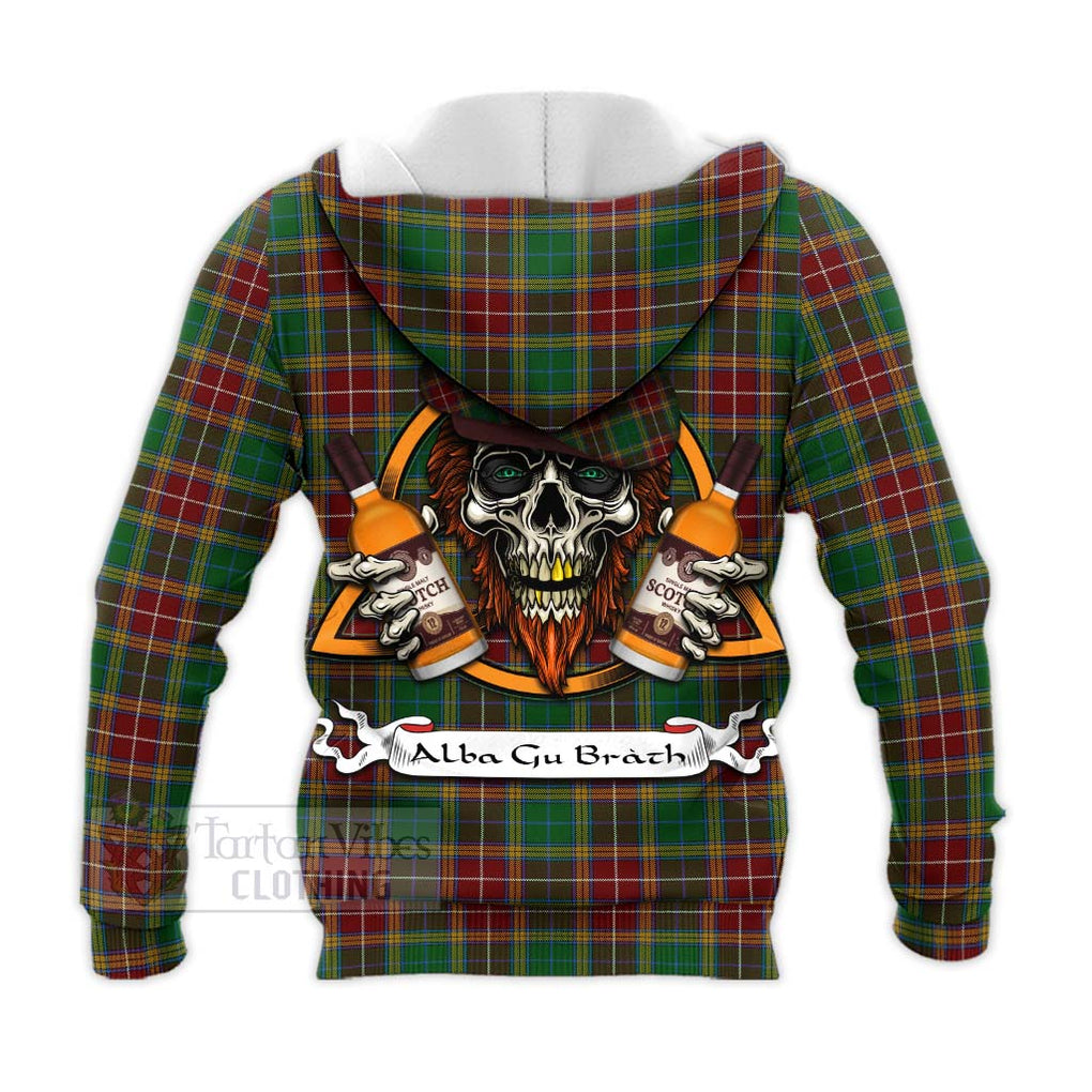 Tartan Vibes Clothing Baxter Tartan Knitted Hoodie with Family Crest and Bearded Skull Holding Bottles of Whiskey