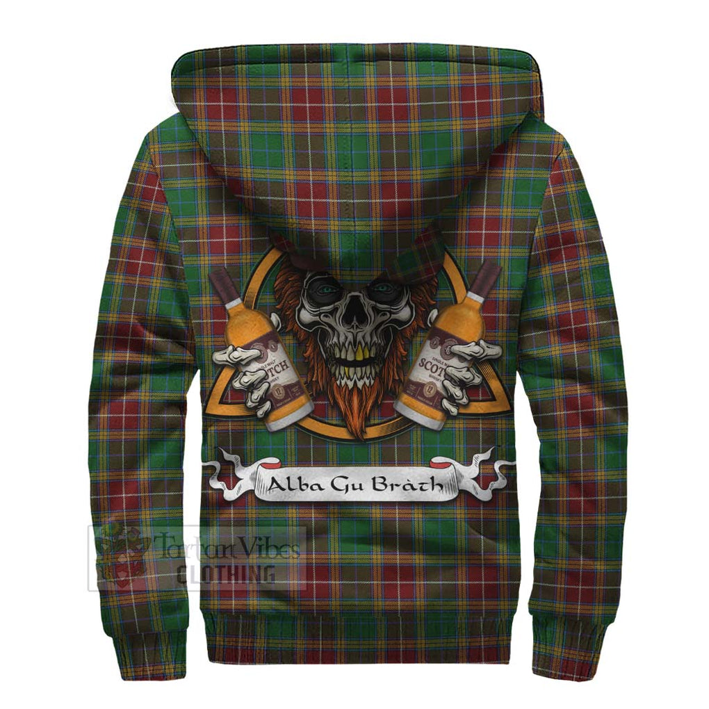 Tartan Vibes Clothing Baxter Tartan Sherpa Hoodie with Family Crest and Bearded Skull Holding Bottles of Whiskey