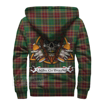 Baxter Tartan Sherpa Hoodie with Family Crest and Bearded Skull Holding Bottles of Whiskey