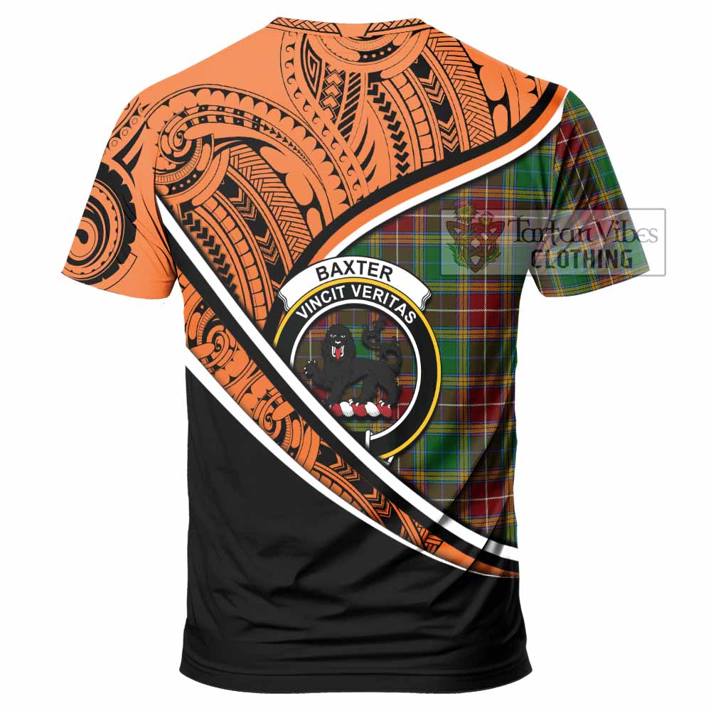 Tartan Vibes Clothing Baxter Crest Tartan T-Shirt with Maori Tattoo Style - Orange Version