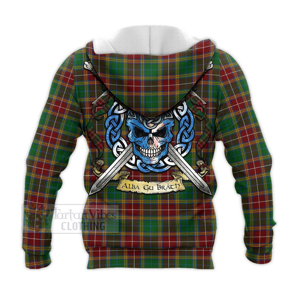 Tartan Vibes Clothing Baxter Tartan Knitted Hoodie with Family Crest Celtic Skull Style