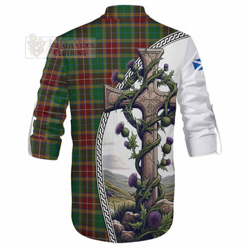 Baxter Tartan Ghillie Kilt Shirt with Family Crest and St. Andrew's Cross Accented by Thistle Vines