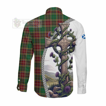 Baxter Tartan Long Sleeve Button Shirt with Family Crest and St. Andrew's Cross Accented by Thistle Vines Men's Shirt - Tartan Vibes Clothing