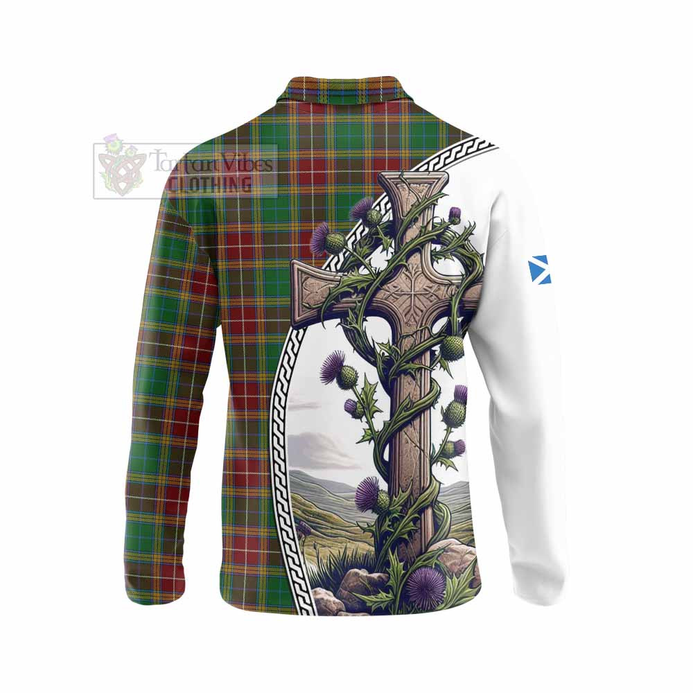 Tartan Vibes Clothing Baxter Tartan Long Sleeve Polo Shirt with Family Crest and St. Andrew's Cross Accented by Thistle Vines