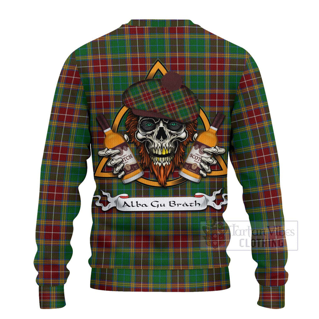 Tartan Vibes Clothing Baxter Tartan Knitted Sweater with Family Crest and Bearded Skull Holding Bottles of Whiskey