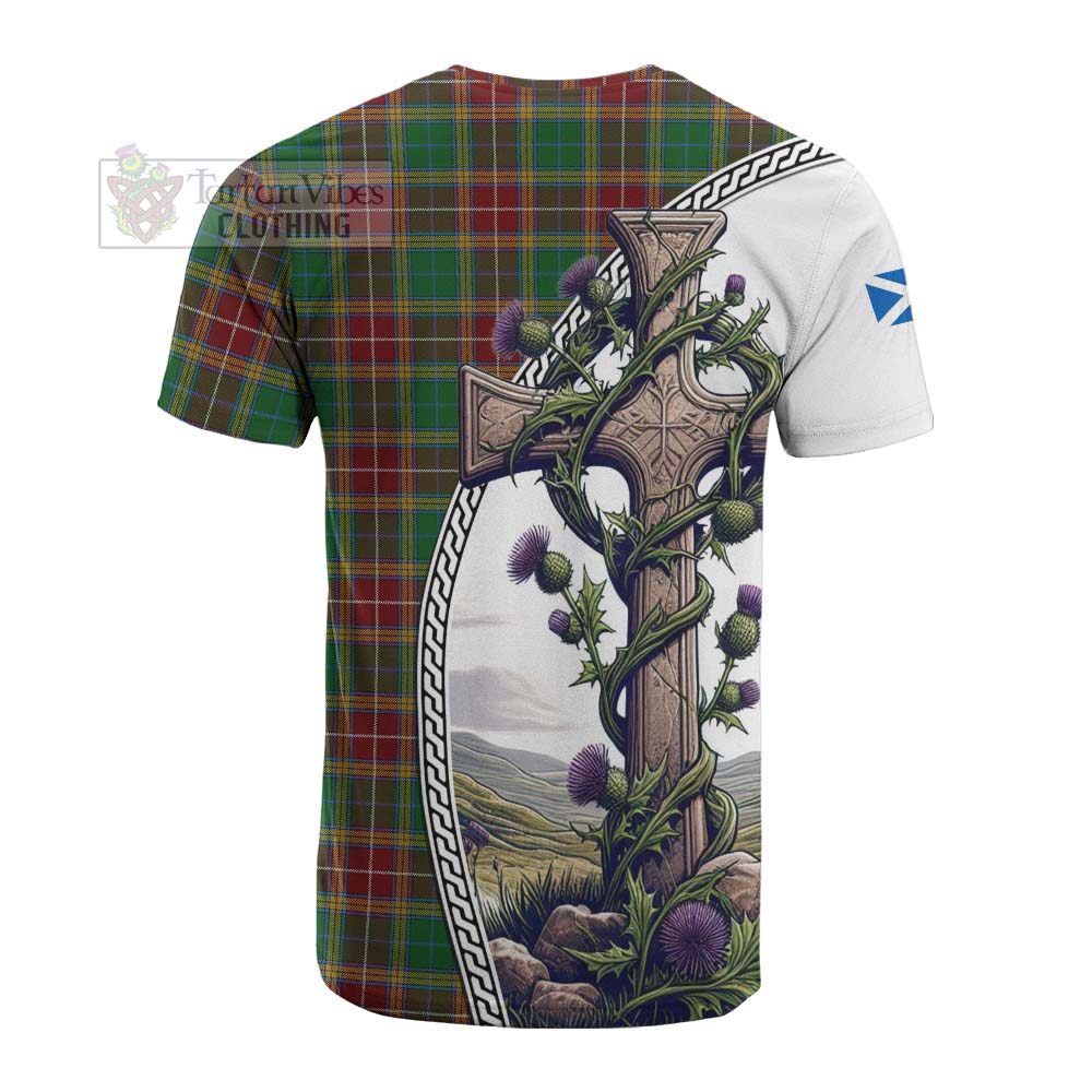 Tartan Vibes Clothing Baxter Tartan Cotton T-shirt with Family Crest and St. Andrew's Cross Accented by Thistle Vines