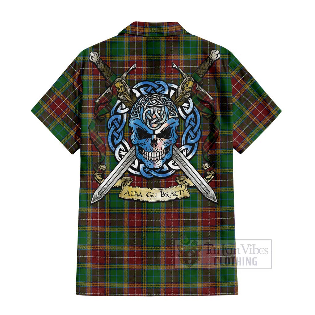 Tartan Vibes Clothing Baxter Tartan Short Sleeve Button Shirt with Family Crest Celtic Skull Style