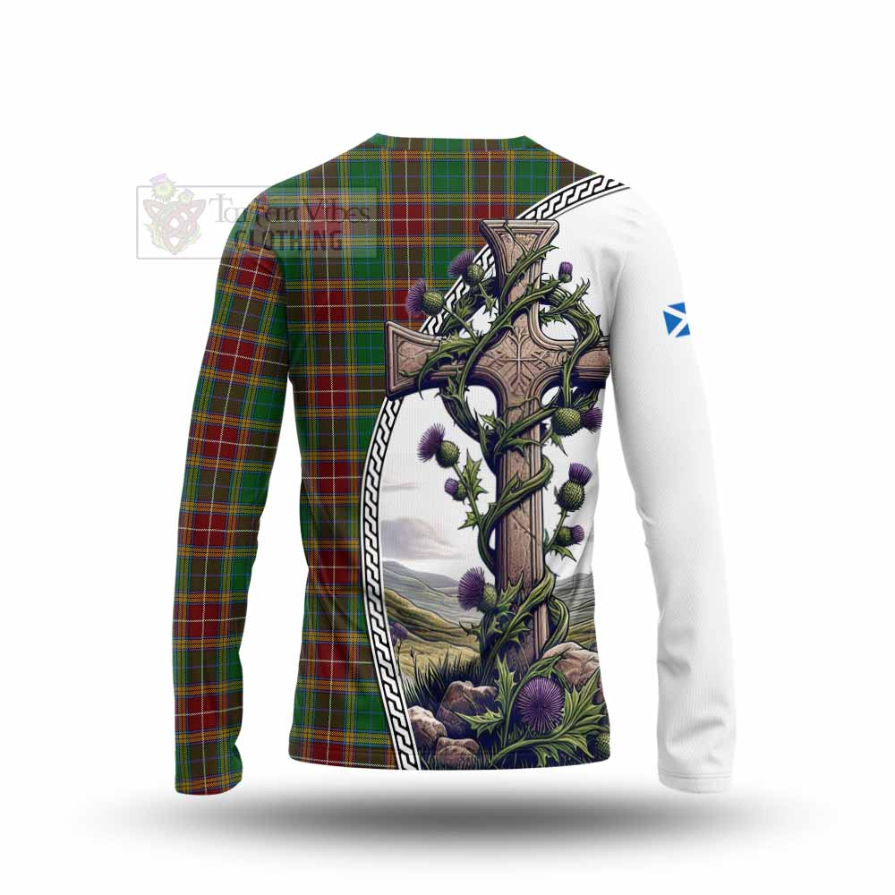 Tartan Vibes Clothing Baxter Tartan Long Sleeve T-Shirt with Family Crest and St. Andrew's Cross Accented by Thistle Vines