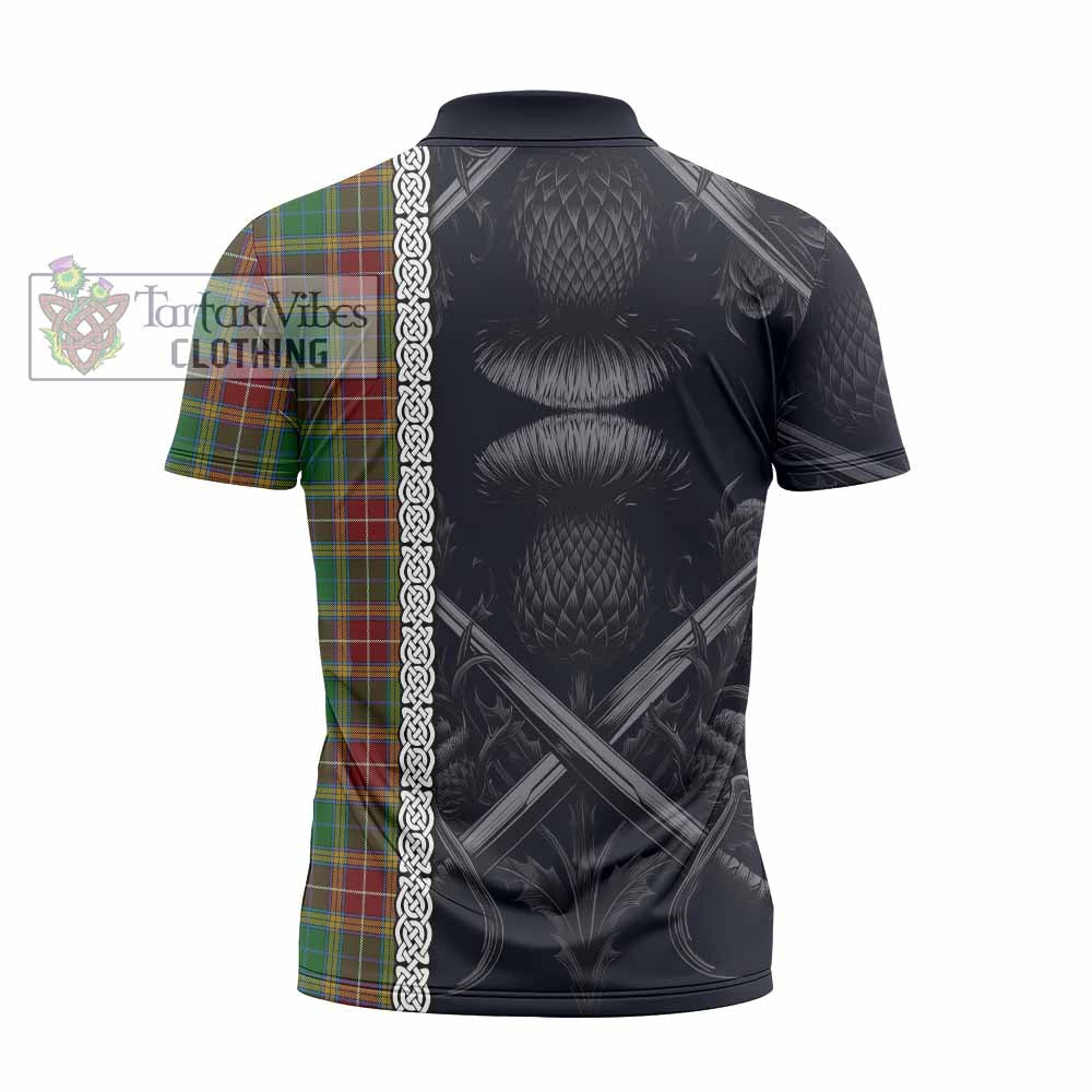 Tartan Vibes Clothing Baxter Tartan Zipper Polo Shirt with Family Crest Cross Sword Thistle Celtic Vibes