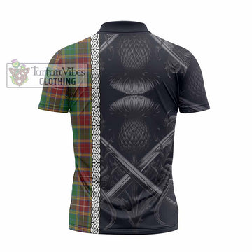 Baxter Tartan Zipper Polo Shirt with Family Crest Cross Sword Thistle Celtic Vibes