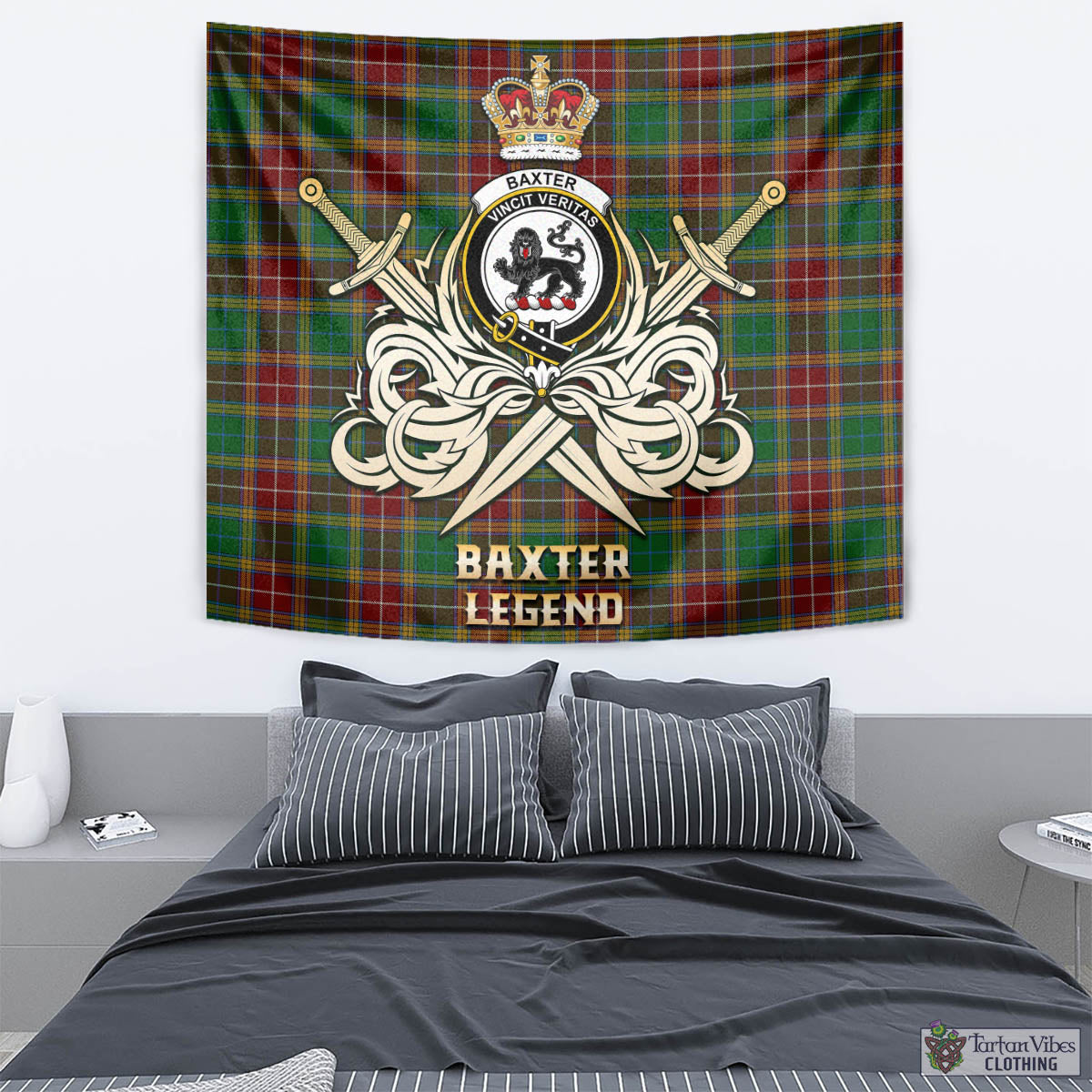 Tartan Vibes Clothing Baxter Tartan Tapestry with Clan Crest and the Golden Sword of Courageous Legacy