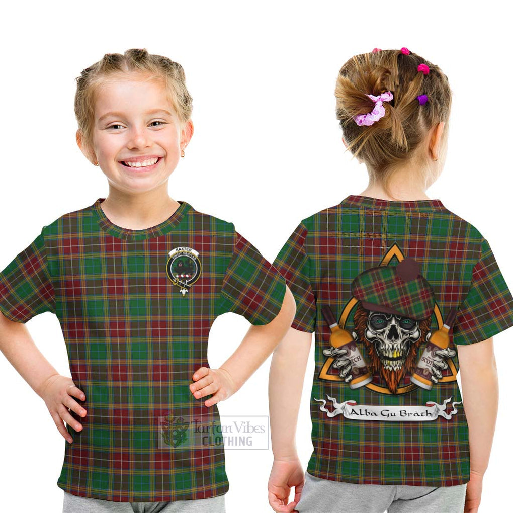 Tartan Vibes Clothing Baxter Tartan Kid T-Shirt with Family Crest and Bearded Skull Holding Bottles of Whiskey