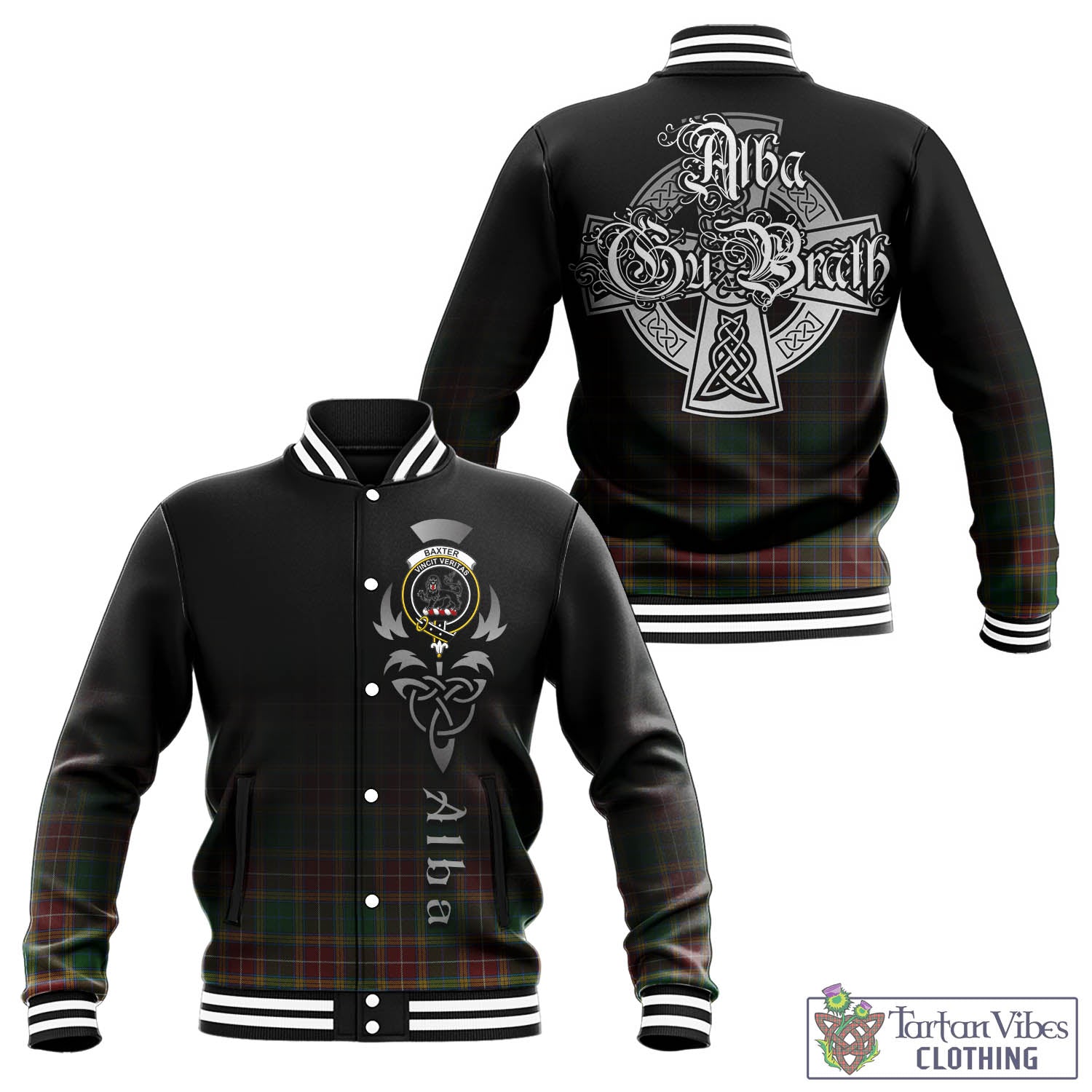 Tartan Vibes Clothing Baxter Tartan Baseball Jacket Featuring Alba Gu Brath Family Crest Celtic Inspired