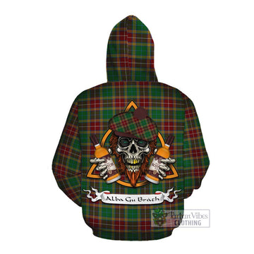 Baxter Tartan Cotton Hoodie with Family Crest and Bearded Skull Holding Bottles of Whiskey