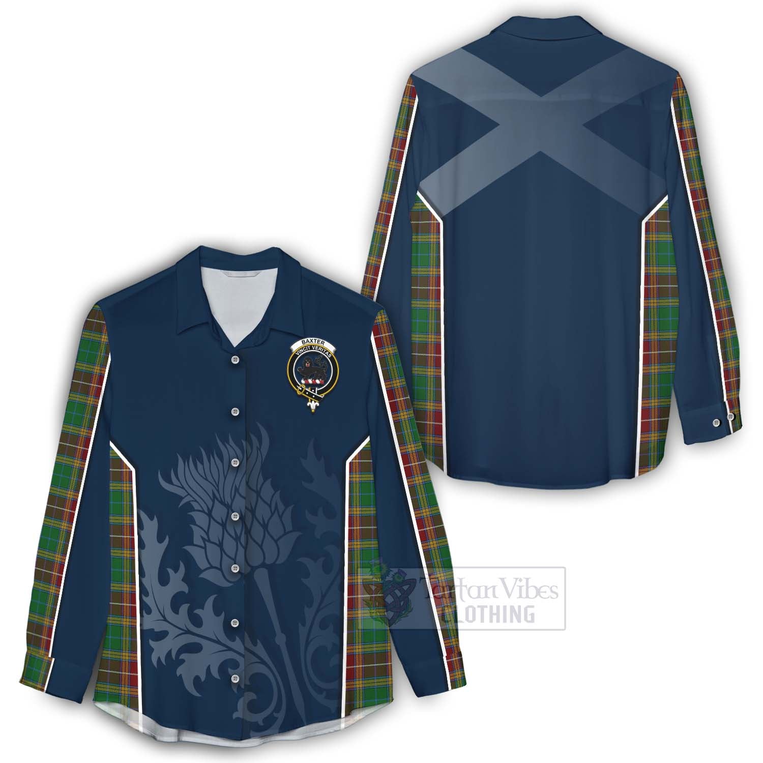 Tartan Vibes Clothing Baxter Tartan Women's Casual Shirt with Family Crest and Scottish Thistle Vibes Sport Style