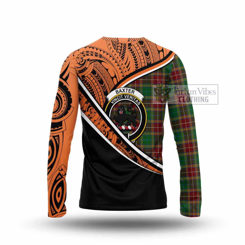 Tartan Vibes Clothing Baxter Crest Tartan Long Sleeve T-Shirt with Maori Tattoo Style - Orange Version