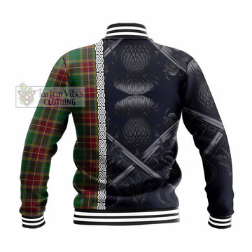 Baxter Tartan Baseball Jacket with Family Crest Cross Sword Thistle Celtic Vibes