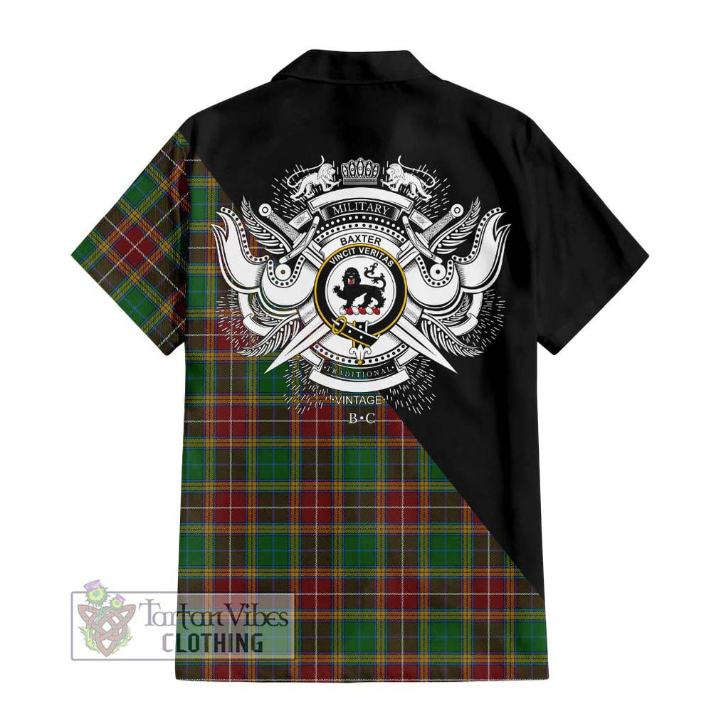 Baxter Tartan Short Sleeve Button Shirt with Family Crest and Military Logo Style - Tartanvibesclothing Shop