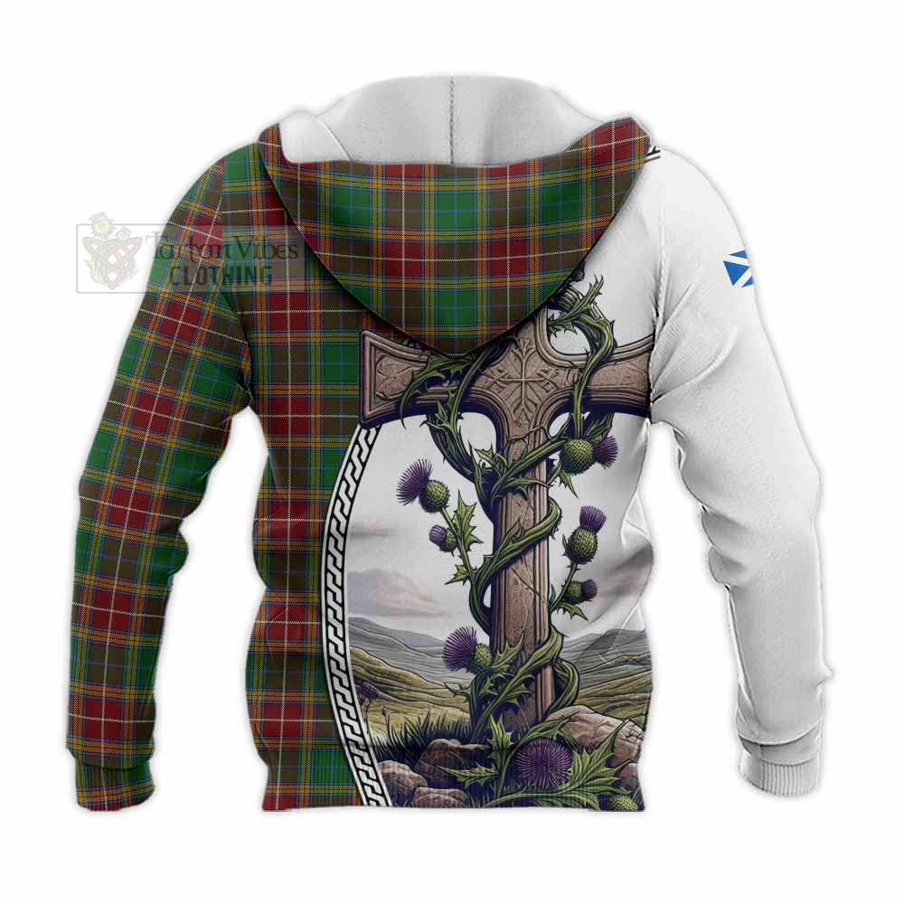 Tartan Vibes Clothing Baxter Tartan Knitted Hoodie with Family Crest and St. Andrew's Cross Accented by Thistle Vines