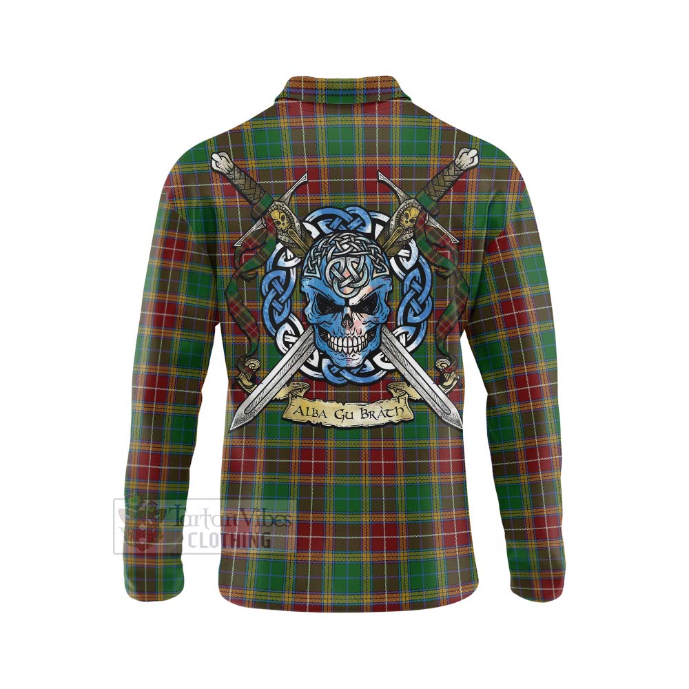 Tartan Vibes Clothing Baxter Tartan Long Sleeve Polo Shirt with Family Crest Celtic Skull Style