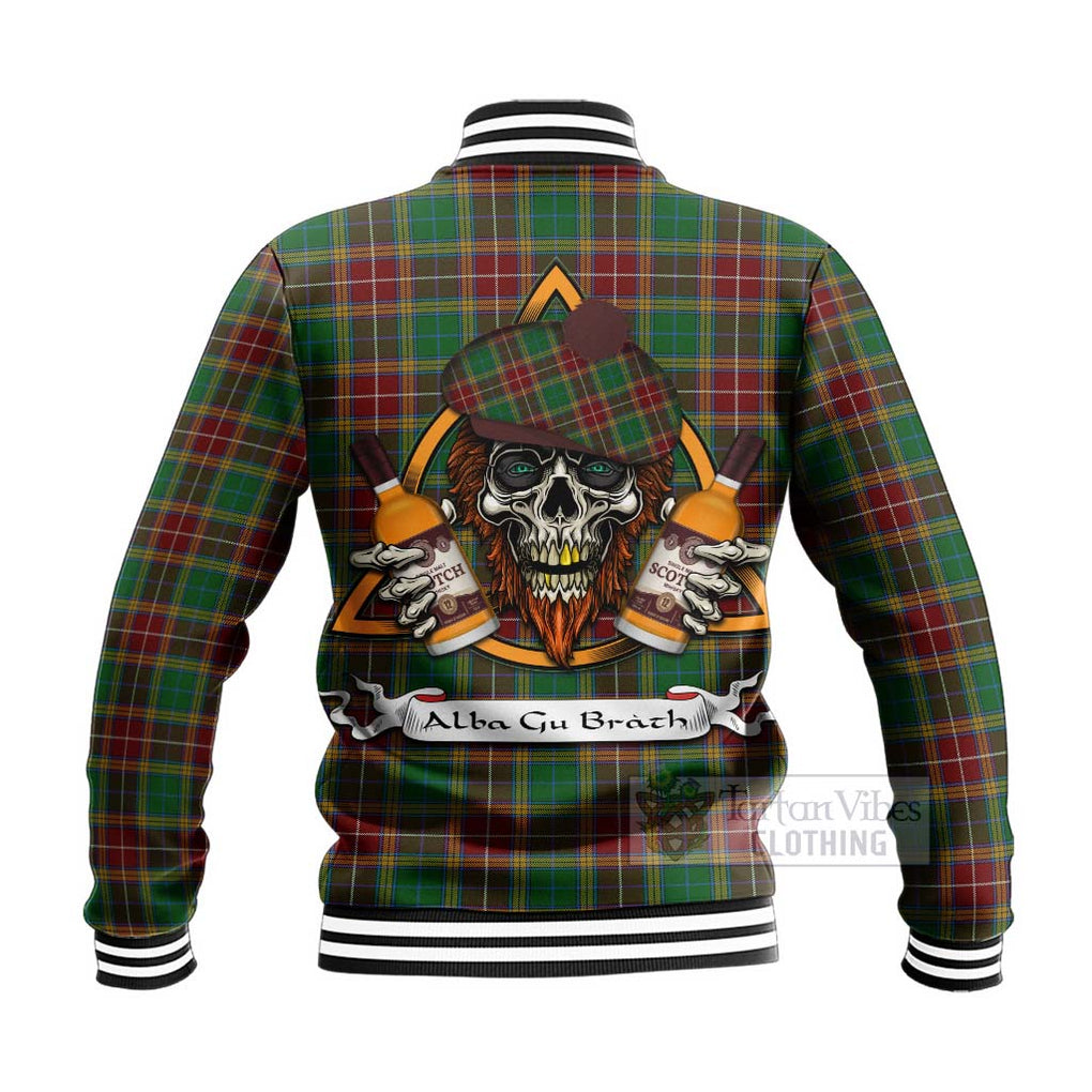 Tartan Vibes Clothing Baxter Tartan Baseball Jacket with Family Crest and Bearded Skull Holding Bottles of Whiskey