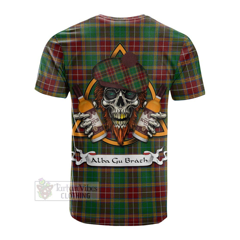 Tartan Vibes Clothing Baxter Tartan Cotton T-shirt with Family Crest and Bearded Skull Holding Bottles of Whiskey