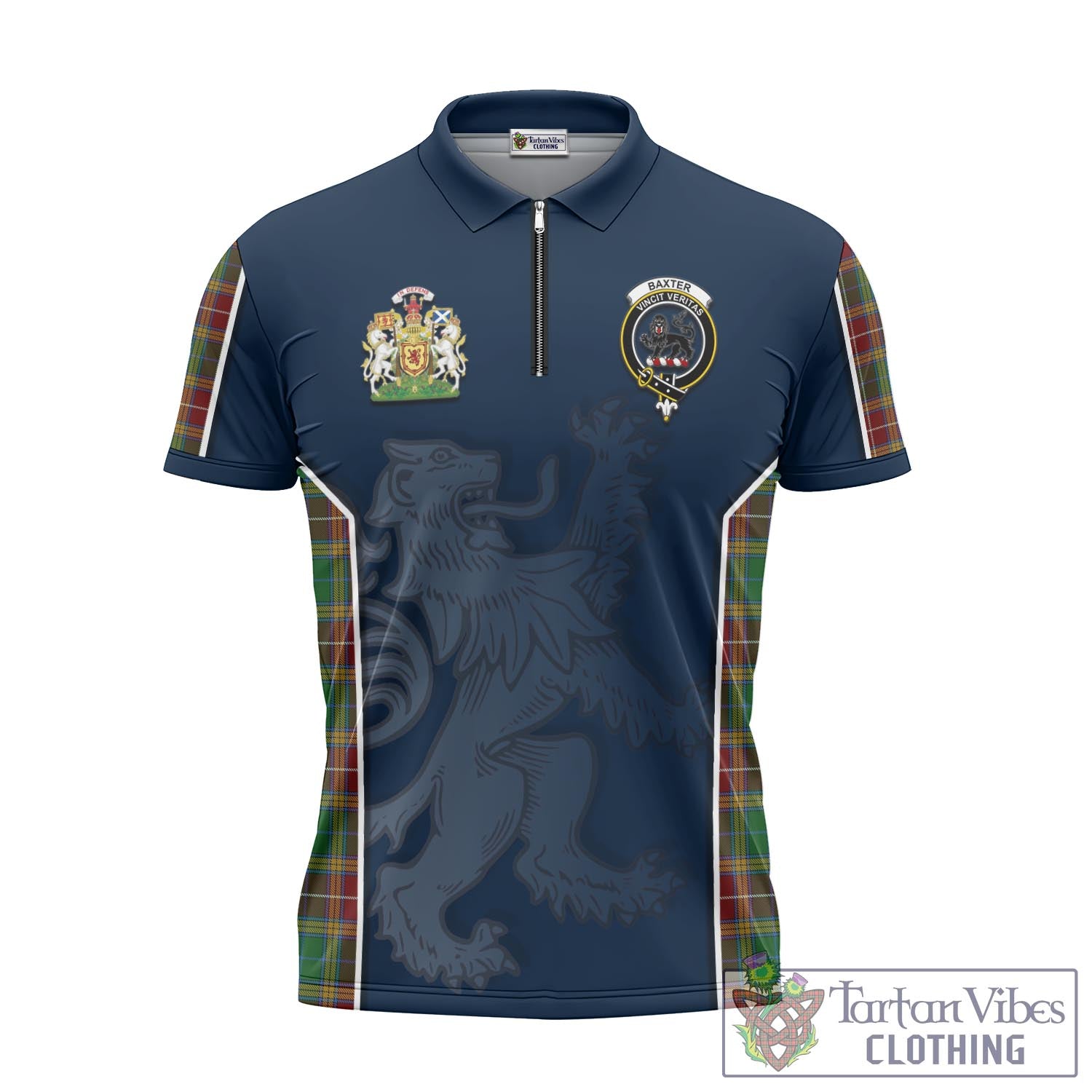 Tartan Vibes Clothing Baxter Tartan Zipper Polo Shirt with Family Crest and Lion Rampant Vibes Sport Style