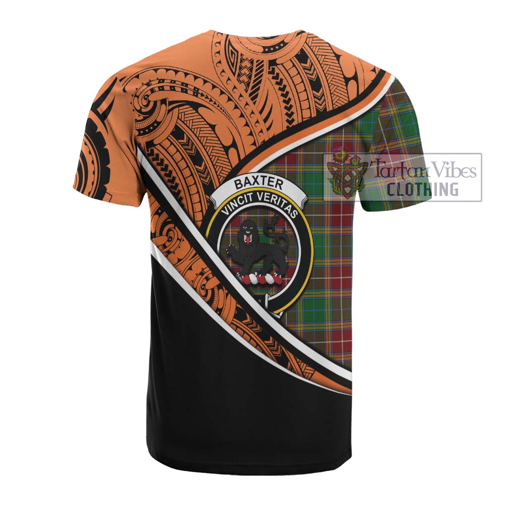 Tartan Vibes Clothing Baxter Crest Tartan Cotton T-shirt with Maori Tattoo Style - Orange Version