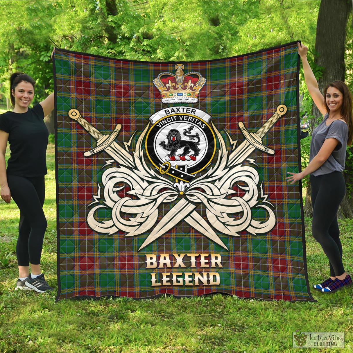 Tartan Vibes Clothing Baxter Tartan Quilt with Clan Crest and the Golden Sword of Courageous Legacy